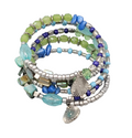 Green Blue Bead Wrap Bracelet Silver tone Memory Wire Shell Stone