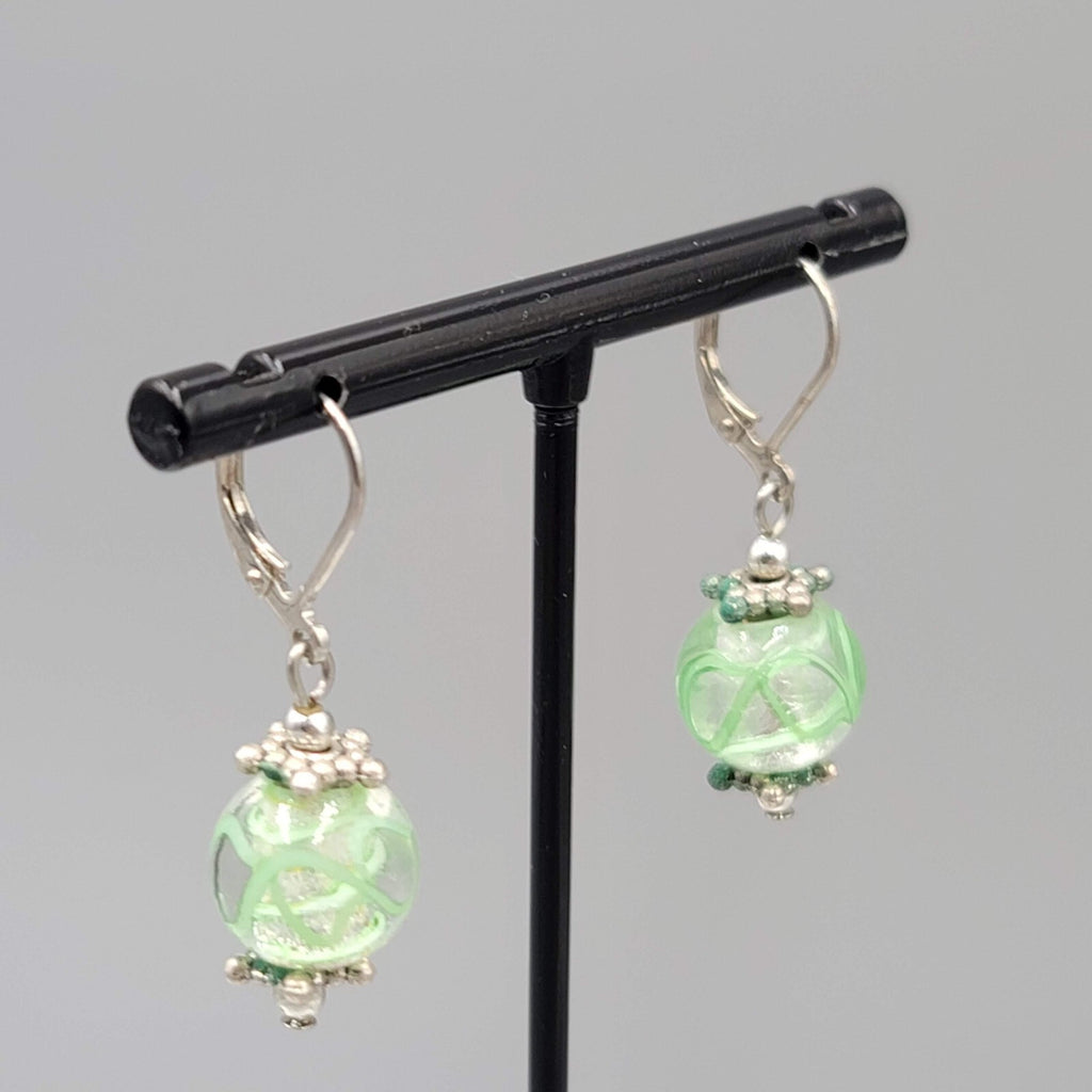 Green Swirl Glass Bead Pierced Earrings Silver tone Dangle 3/4"