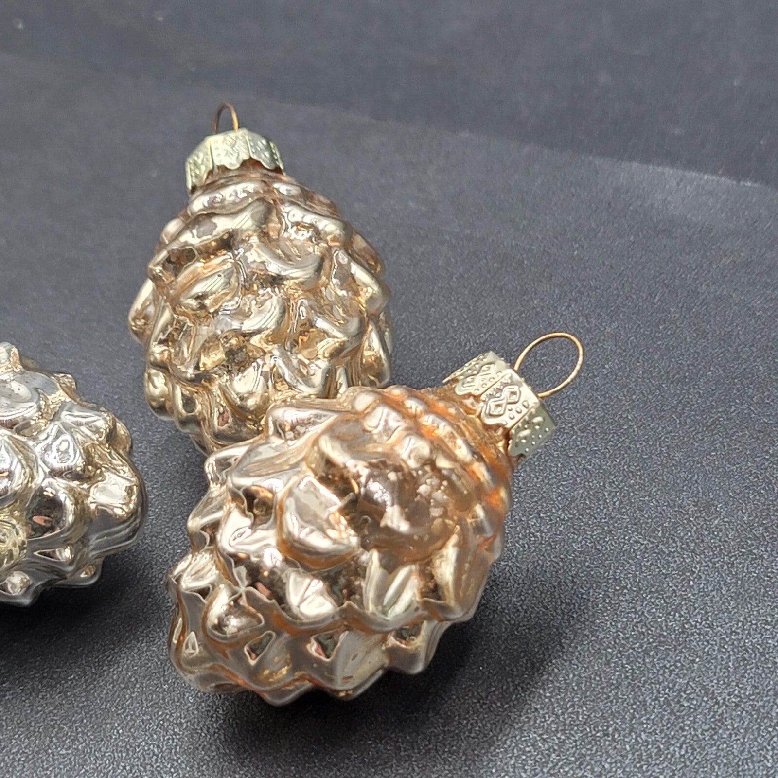 Lot of 3 Blown Glass Christmas Ornaments Silver Small  Pinecones 2"