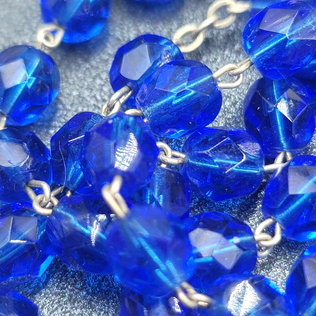 Blue Faceted Bead Catholic Rosary Crucifix Silver tone