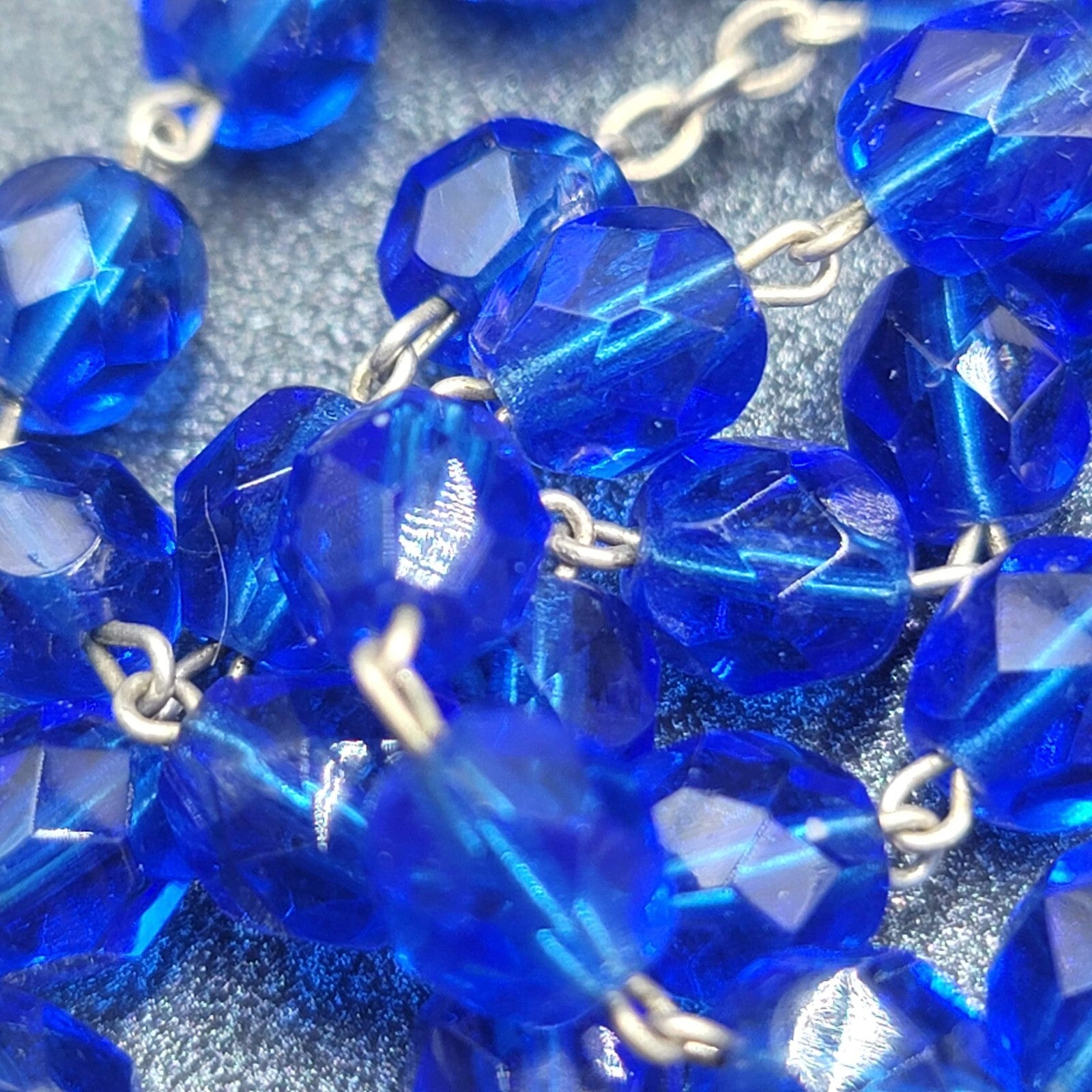 Blue Faceted Bead Catholic Rosary Crucifix Silver tone