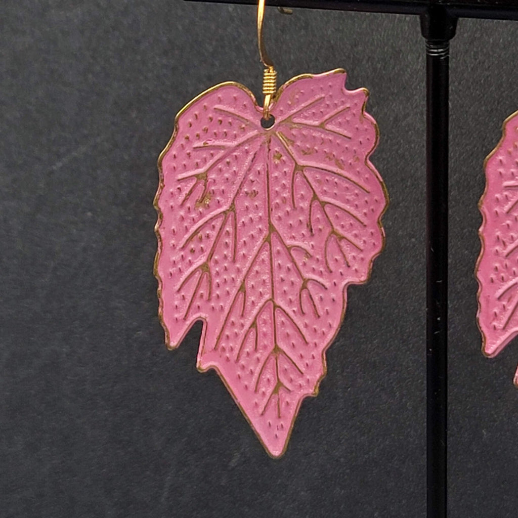 Pierced Earrings Gold tone Large Pink Dangle Leaves Statement 2"