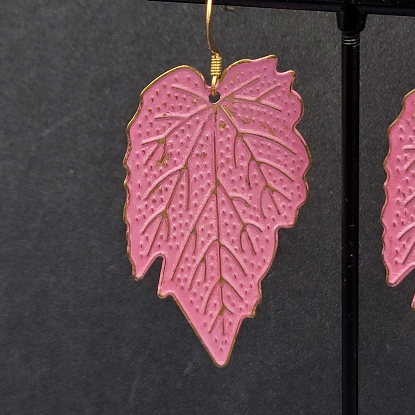 Pierced Earrings Gold tone Large Pink Dangle Leaves Statement 2"