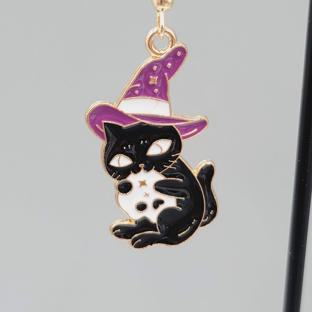Black Cat Witch Pierced Earrings Enamel Gold tone Dangle New 1.25"