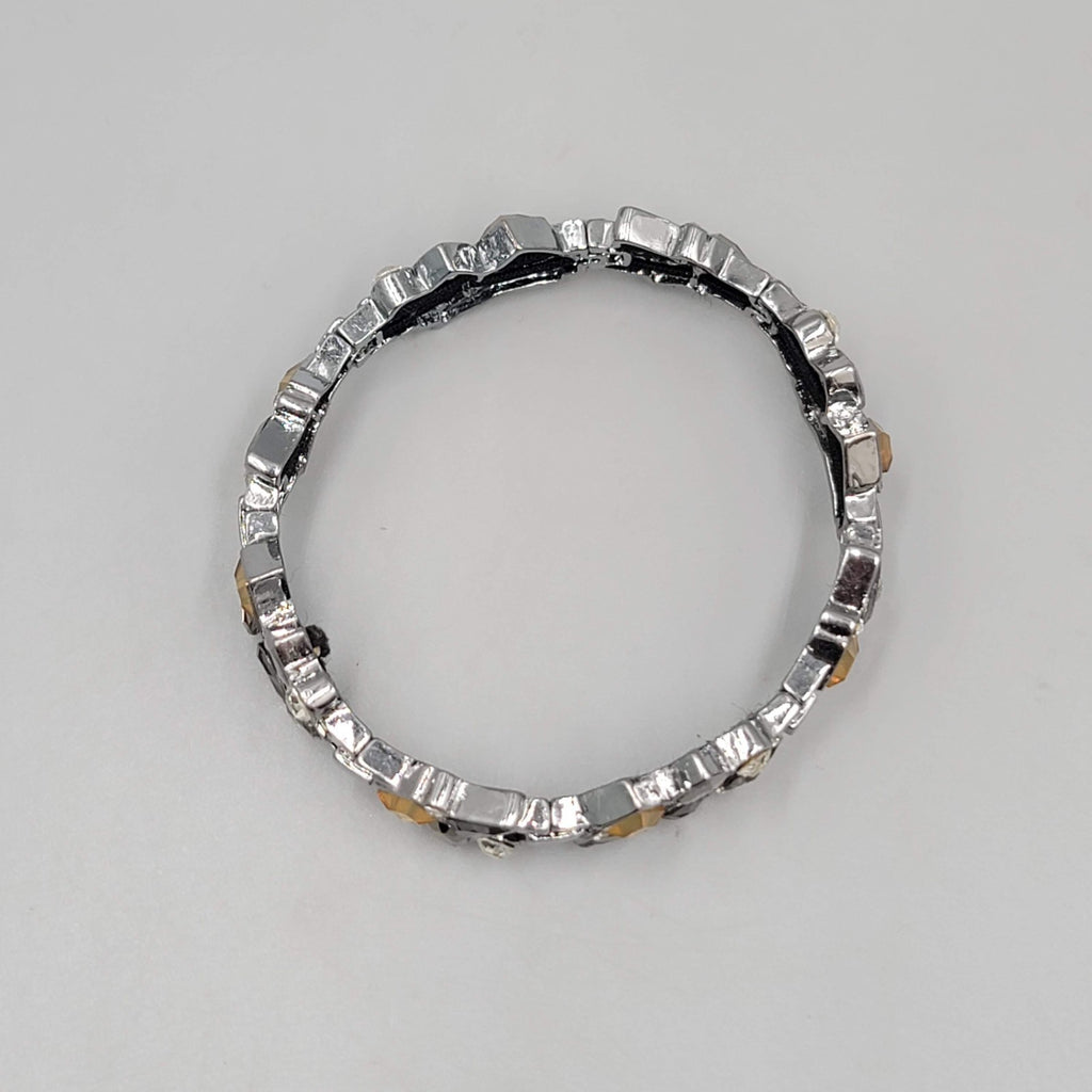 Black Yellow Rhinestone Bracelet Gun Metal Gray Metal Elastic 7"