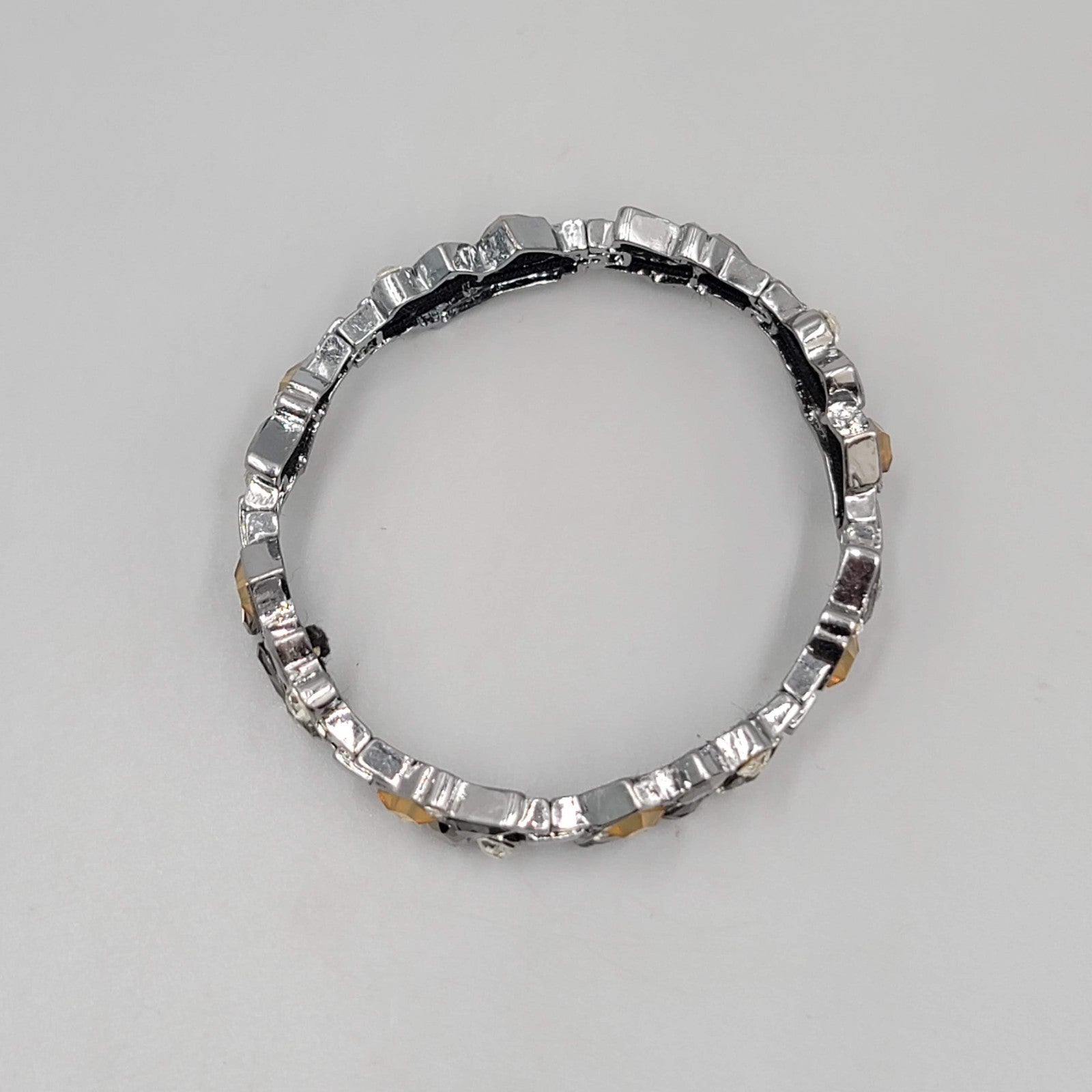 Black Yellow Rhinestone Bracelet Gun Metal Gray Metal Elastic 7"