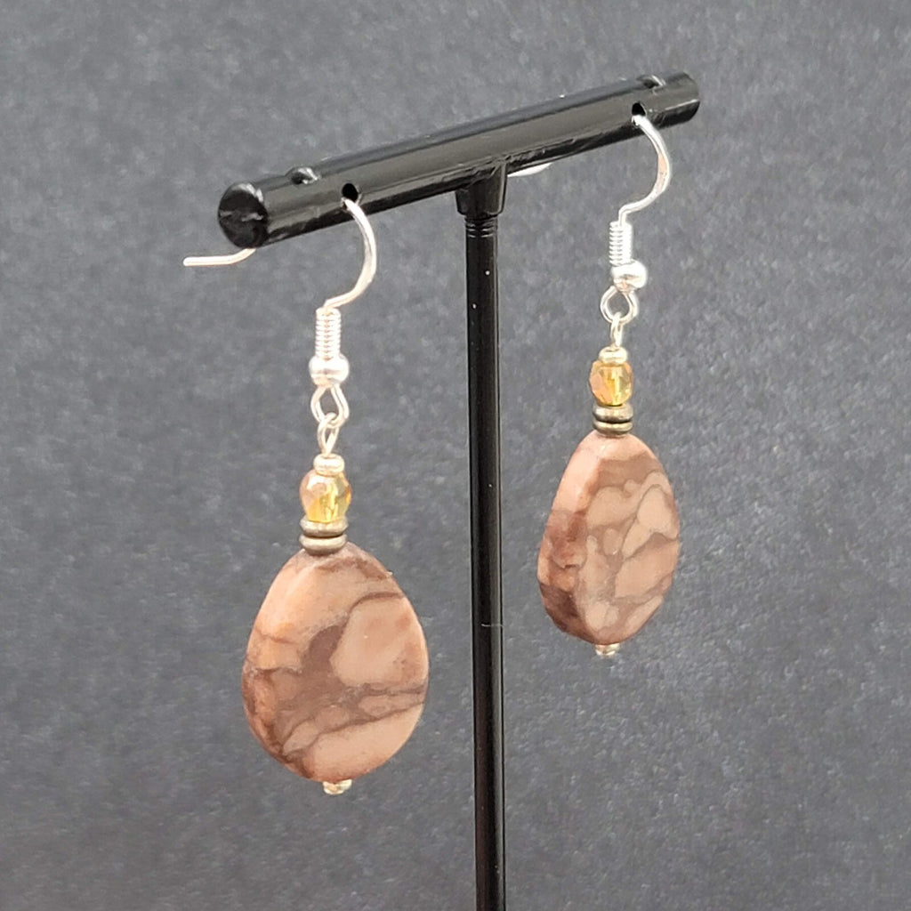 Pierced Earrings Sterling Silver Brown Stone Teardrop Bead Dangle 1.25"