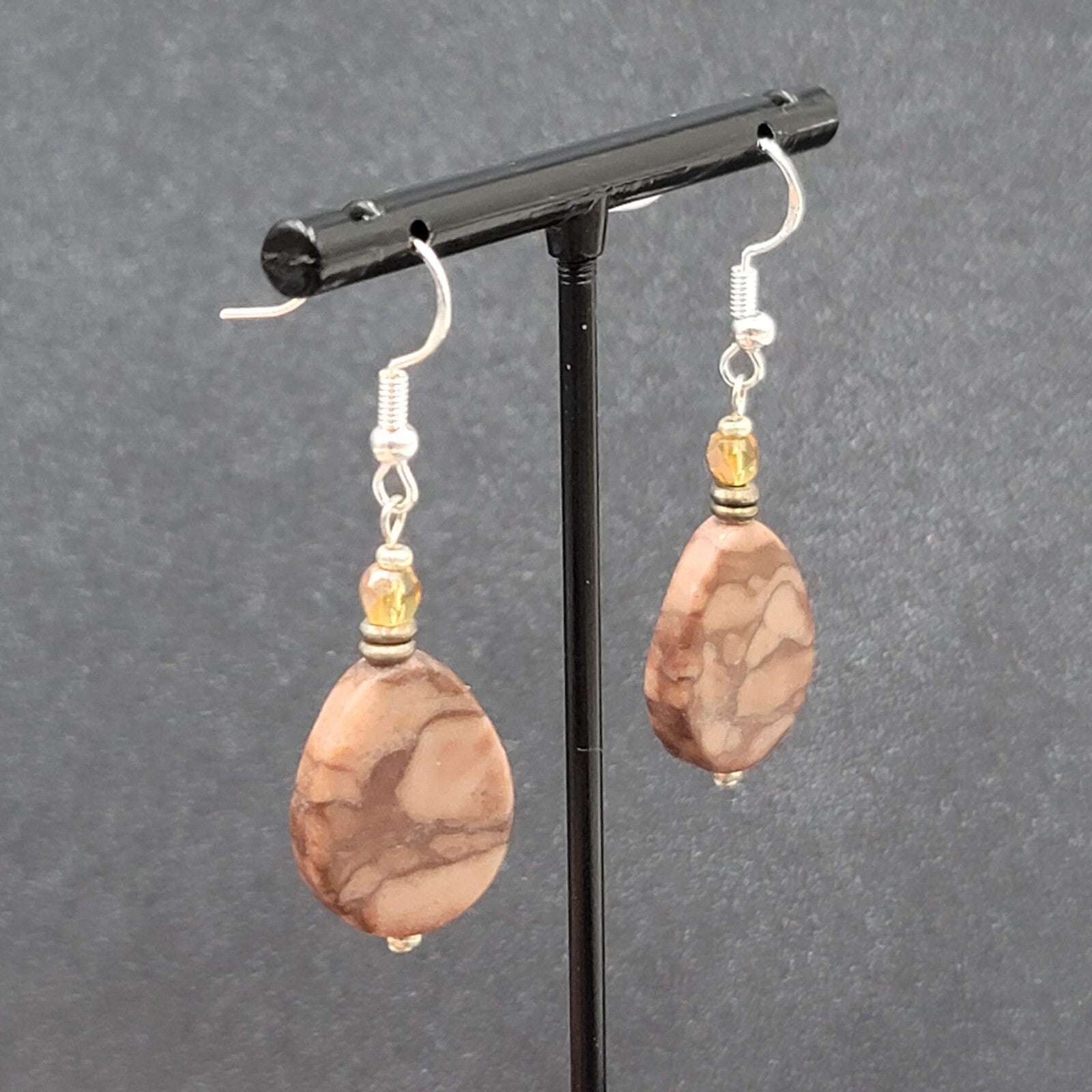 Pierced Earrings Sterling Silver Brown Stone Teardrop Bead Dangle 1.25"