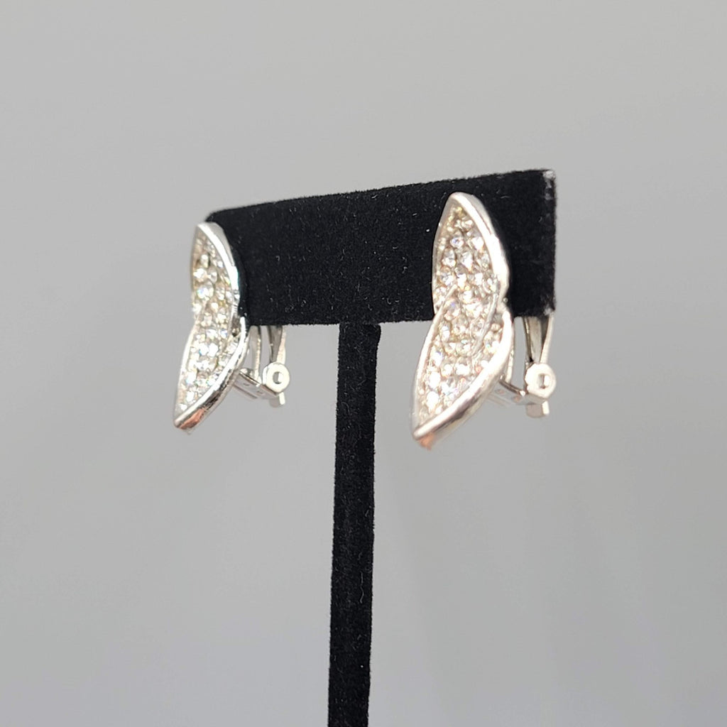 Vintage Curved Rhinestone Clip on Earrings Silver tone Drop 7/8 in