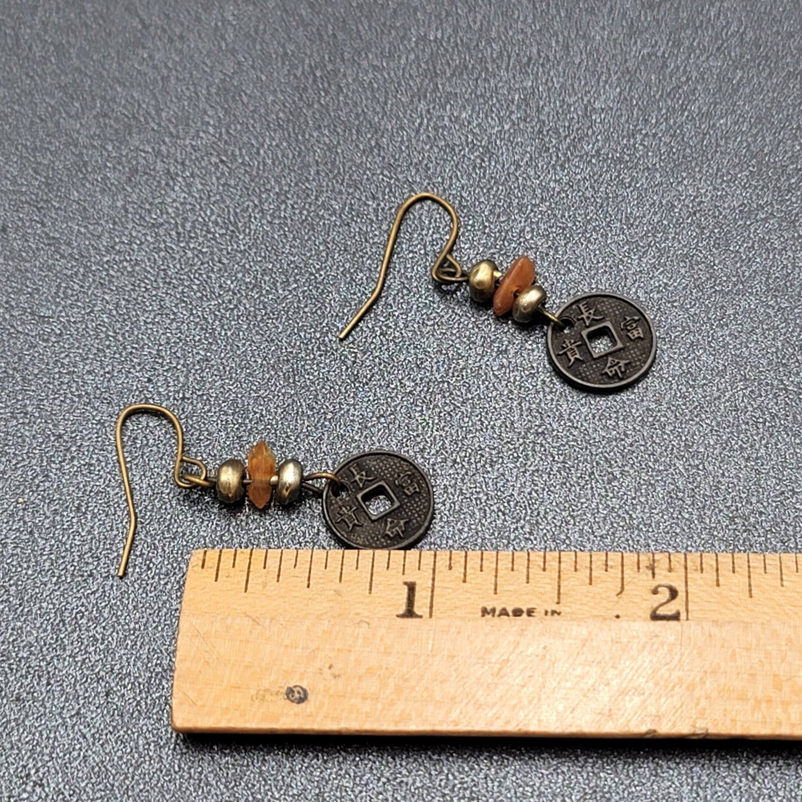 Pierced Earrings Beaded Asian Coin Dangle 1"