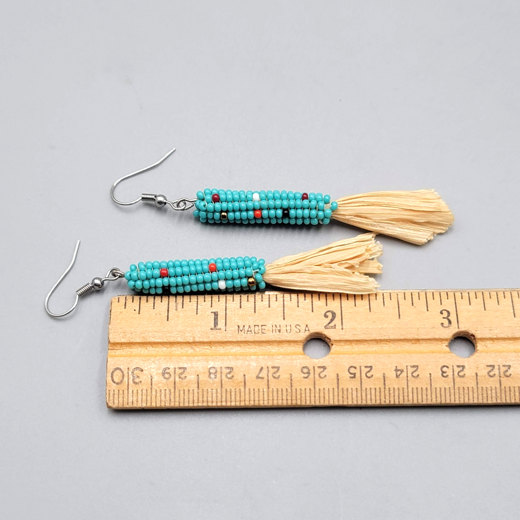 Blue Seed Bead Corn Maize Pierced Earrings Silver tone Dangle Southwest 2.25 in