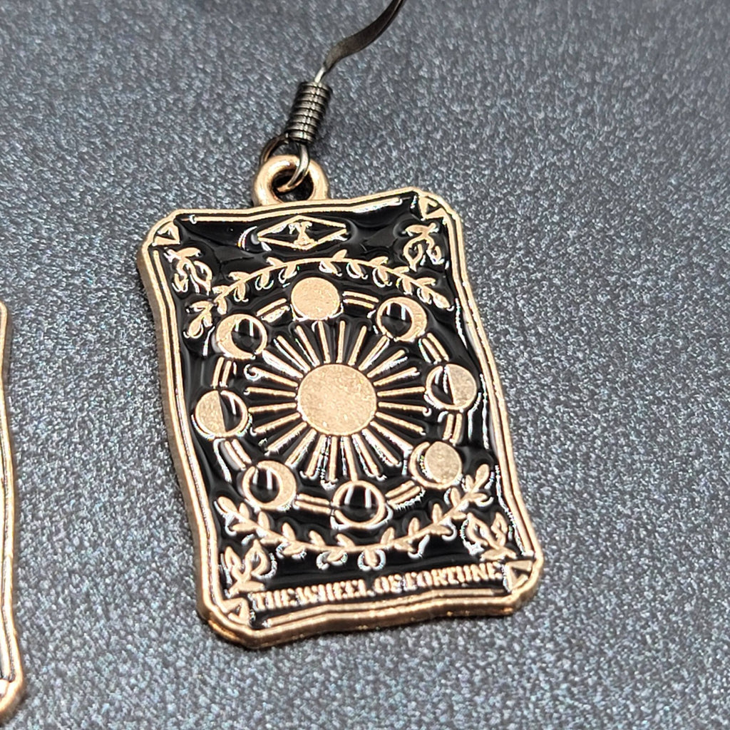 Tarot Card Pierced Earrings The Wheel of Fortune Gold tone Black 1"