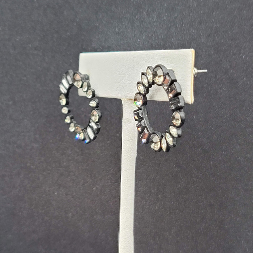 Pierced Earrings Black Circle Clear Gray Rhinestone Wreath 7/8"