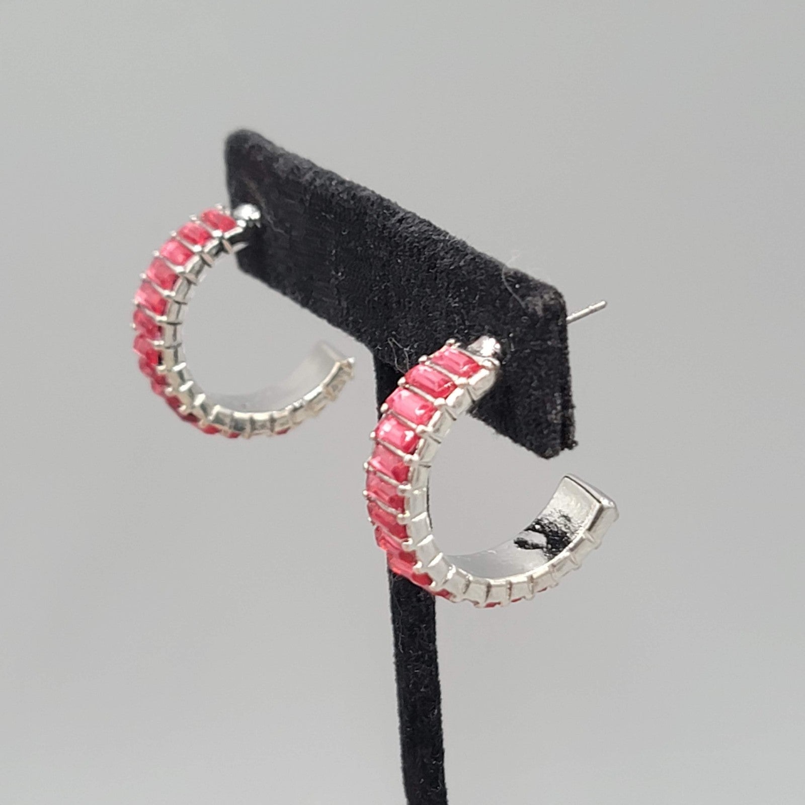 Pink Crystal Baguette Hoops Pierced Earrings Silver tone 7/8 in