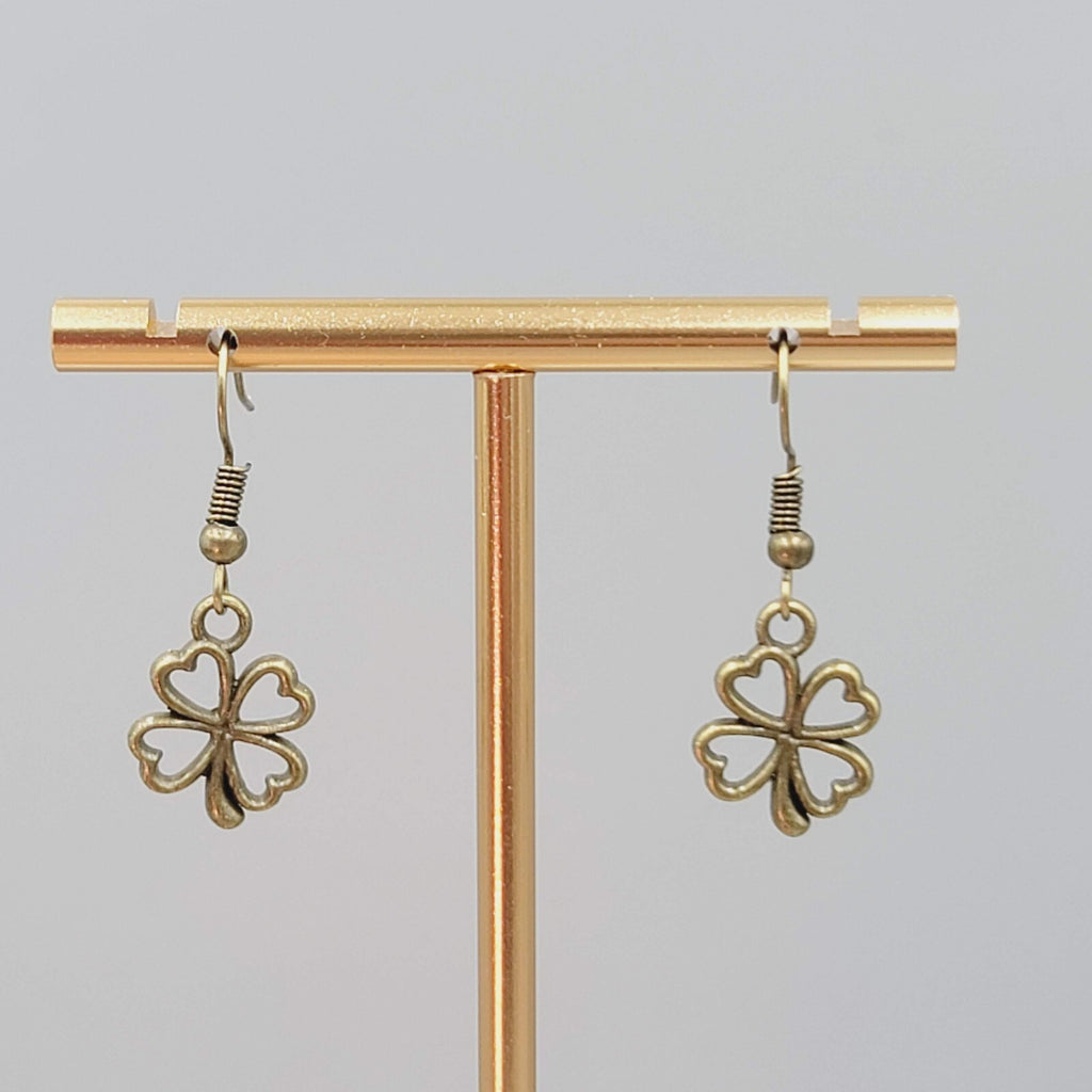 Lucky Shamrock 4 Leaf Clover Pierced Earrings Bronze tone Dangle 5/8"