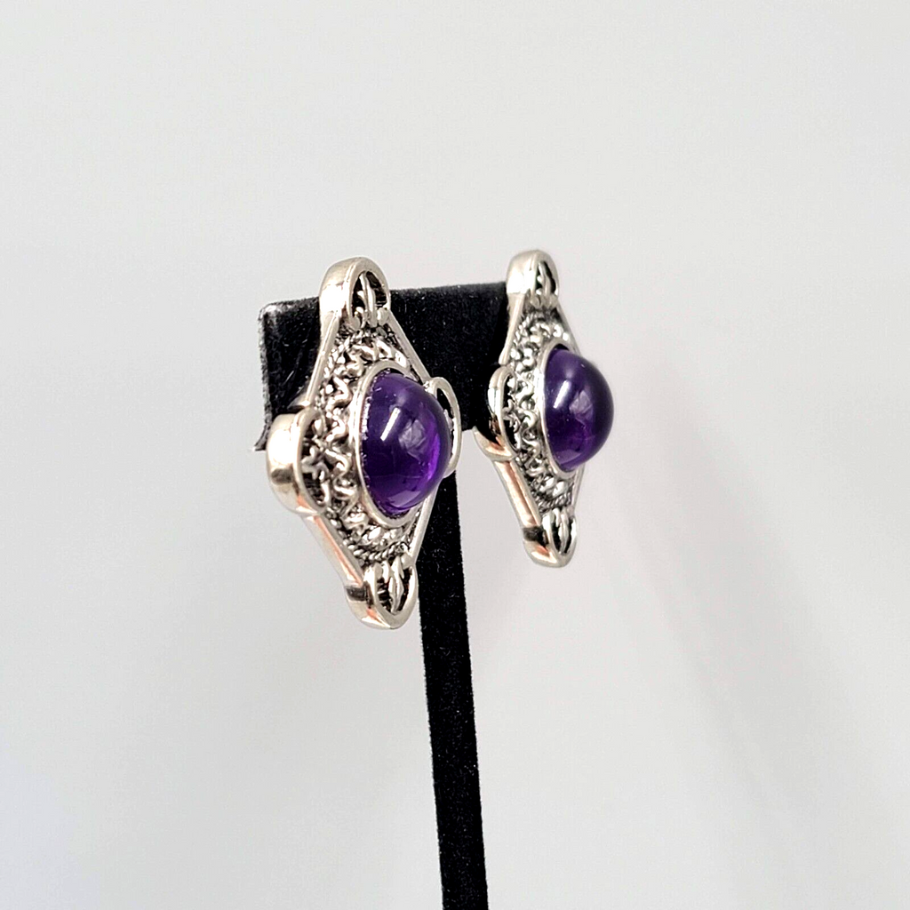 Vintage Translucent Purple Cabochon Clip on Earrings Silver tone 1.25"