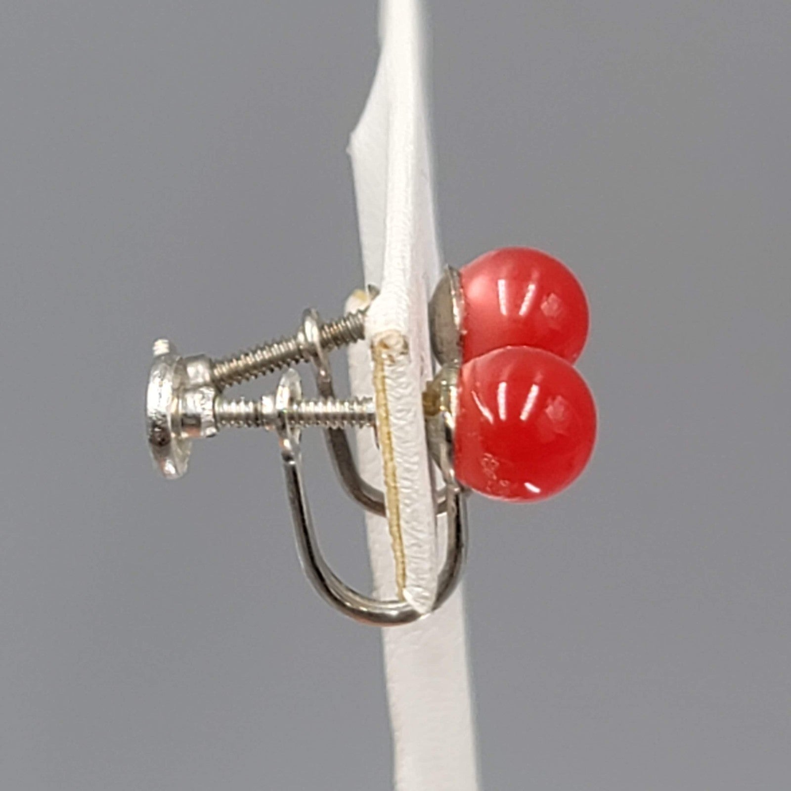 Vintage Red Moon Glow Stud Clip on Earrings Silver tone Screw Back 1/4"