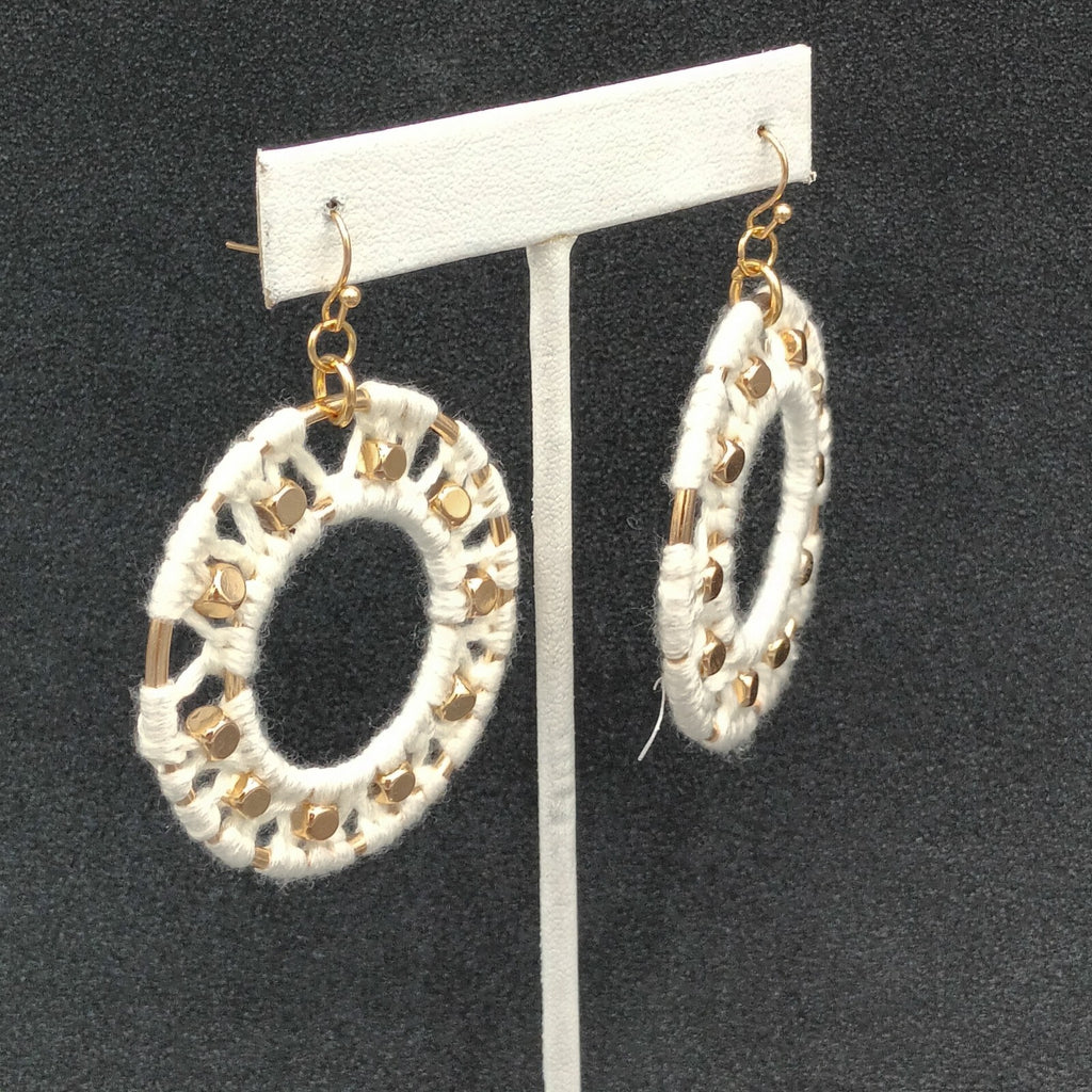 Pierced Earrings Gold tone Dangle Hoops White String Accents  Boho 2"