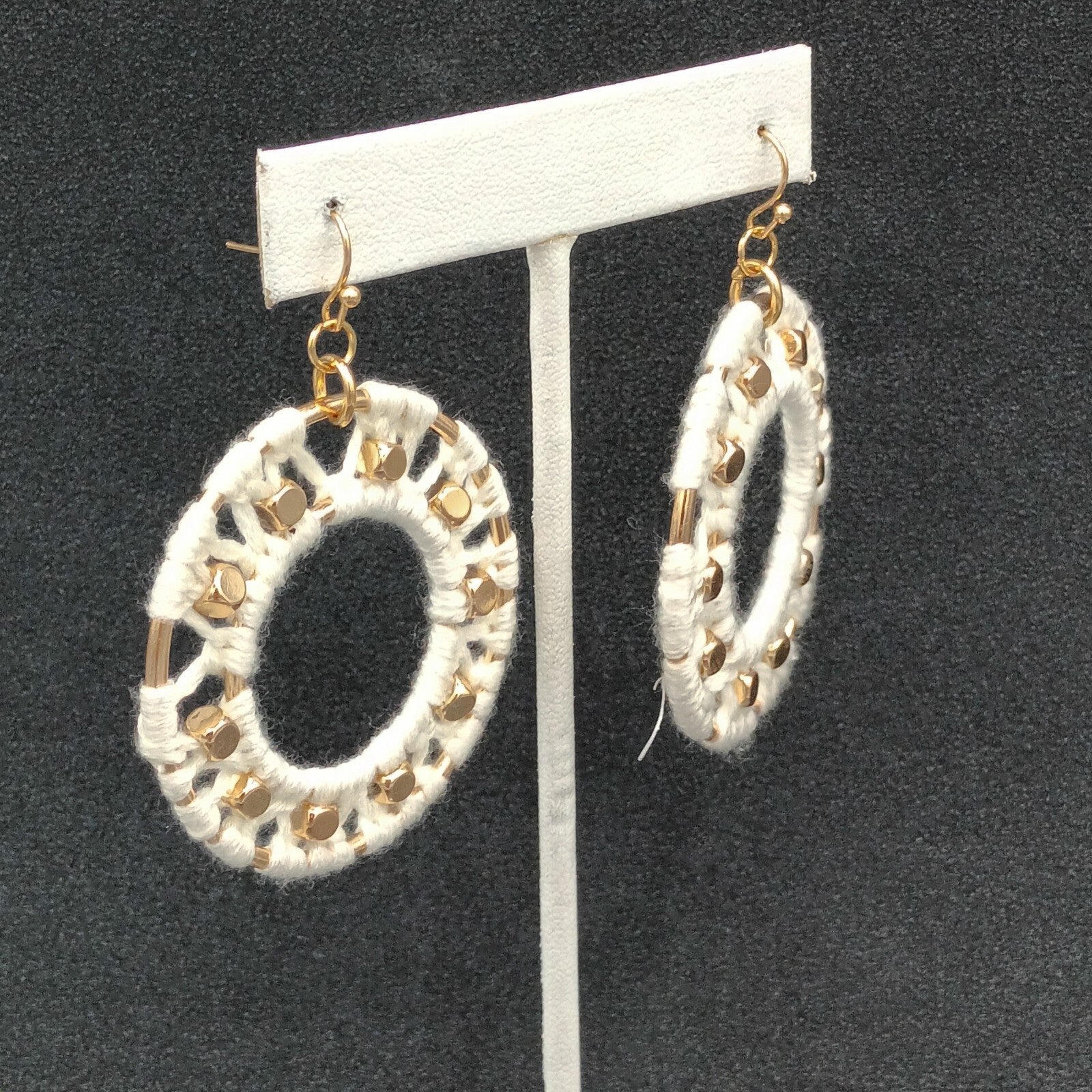 Pierced Earrings Gold tone Dangle Hoops White String Accents  Boho 2"