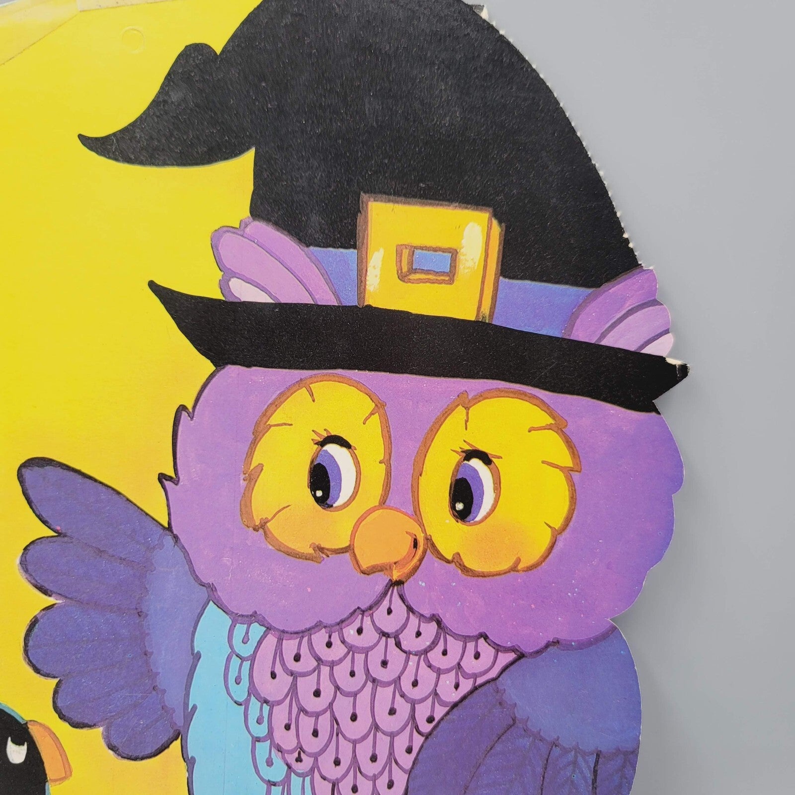 Vintage Purple Owl Crow Bat Die Cut Halloween Double Sided 12.5" x 9"