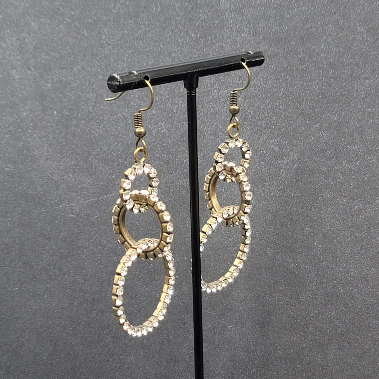 Pierced Earrings Bronze tone Concentric Circles Crystal Studded Dangle  2"