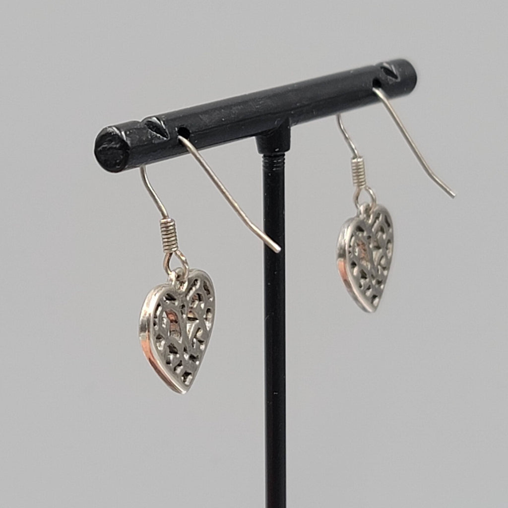 Heart Pierced Earrings Small Filigree Silver tone Dangle 1/2"