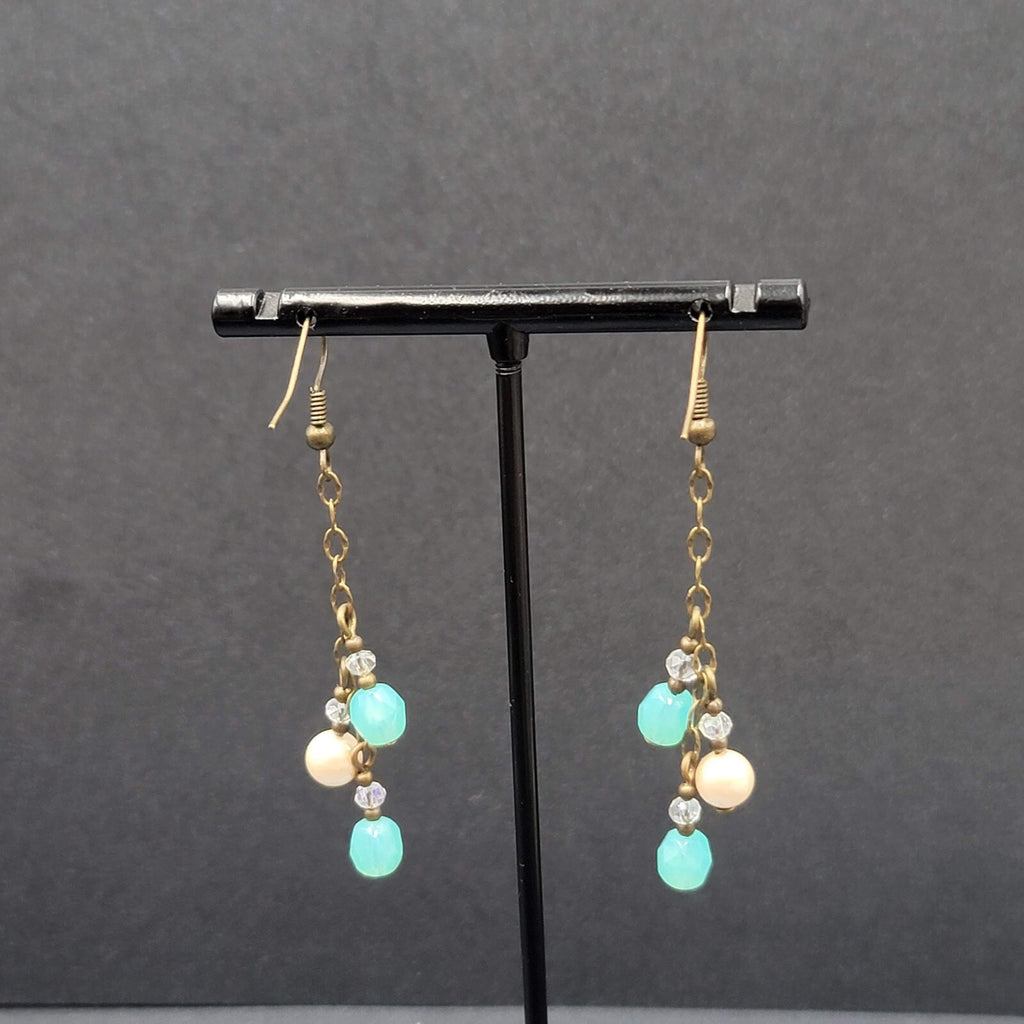 Pierced Earrings Bronze tone Blue Glass Bead Dangle Chains 1.75"