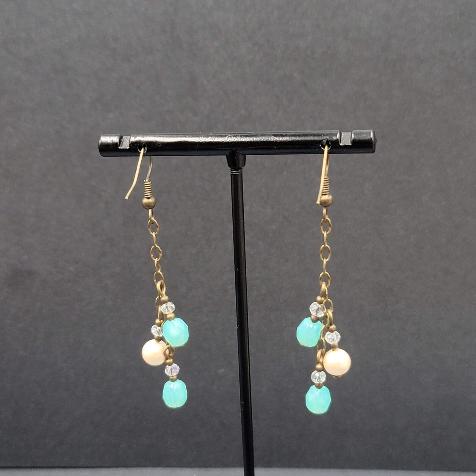 Pierced Earrings Bronze tone Blue Glass Bead Dangle Chains 1.75"