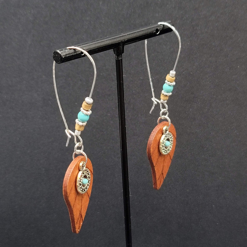 New Boho Pierced Earrings Long Hook Wood Leaf Beaded Dangle 2.75"