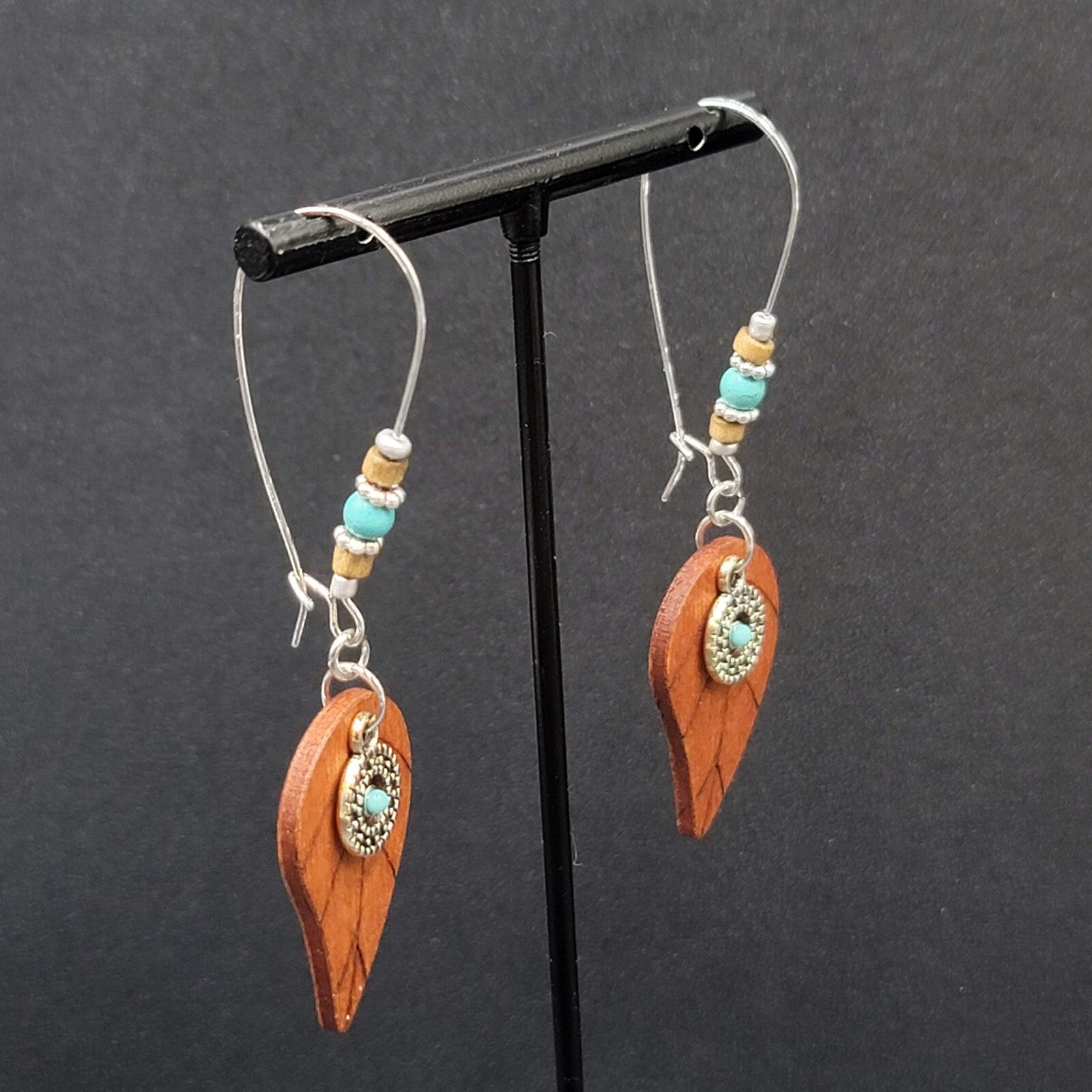 New Boho Pierced Earrings Long Hook Wood Leaf Beaded Dangle 2.75"