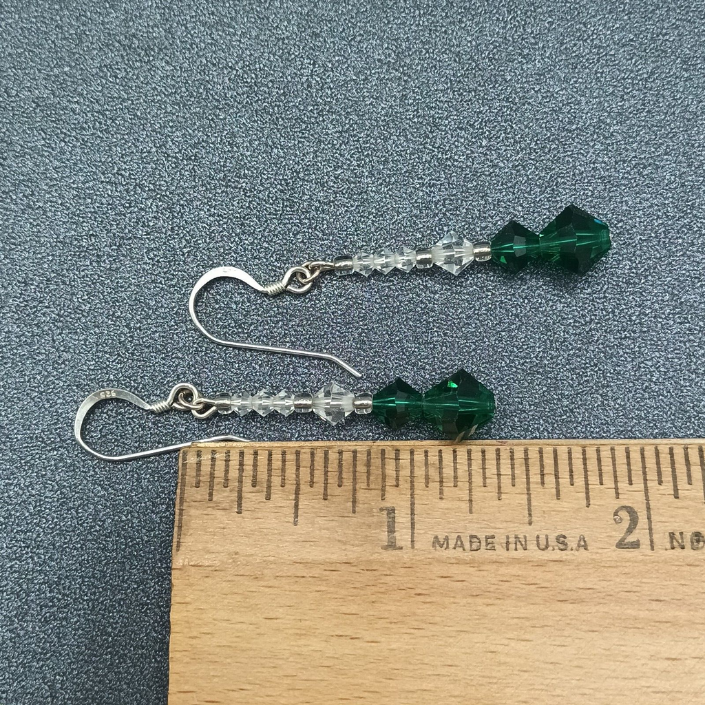 Pierced Earrings Silver tone Hook Faceted Clear Green Beaded Dangle 1 1/4"