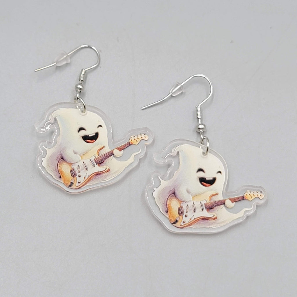 Halloween Ghost Electric Guitar Pierced Earrings Silver tone Dangle 1.5 in
