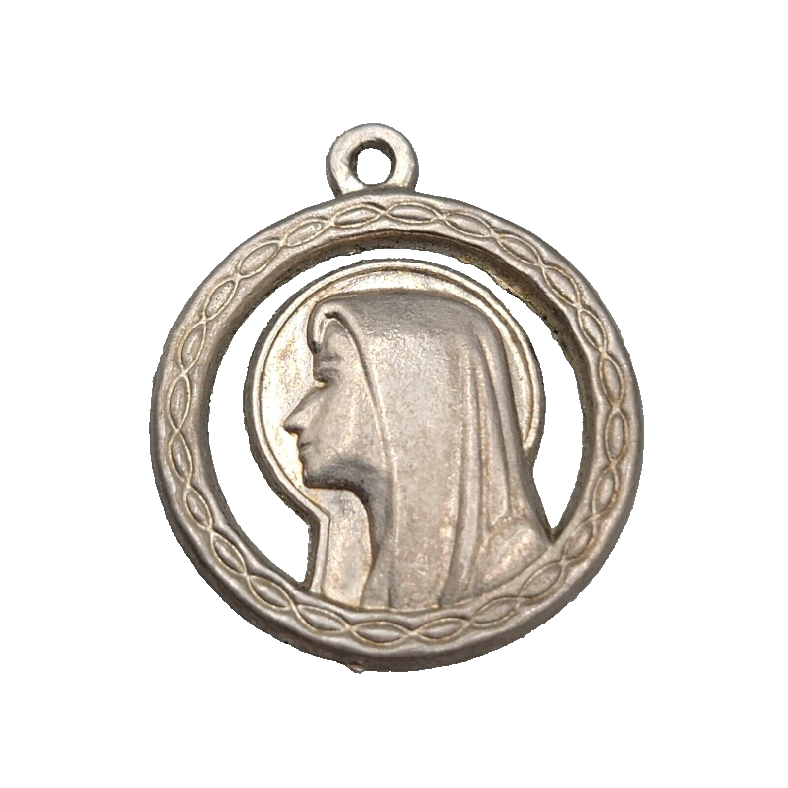 VTG Metal Our Lady Lourdes Blessed Virgin Mary Catholic Pendant Medal Silvertone