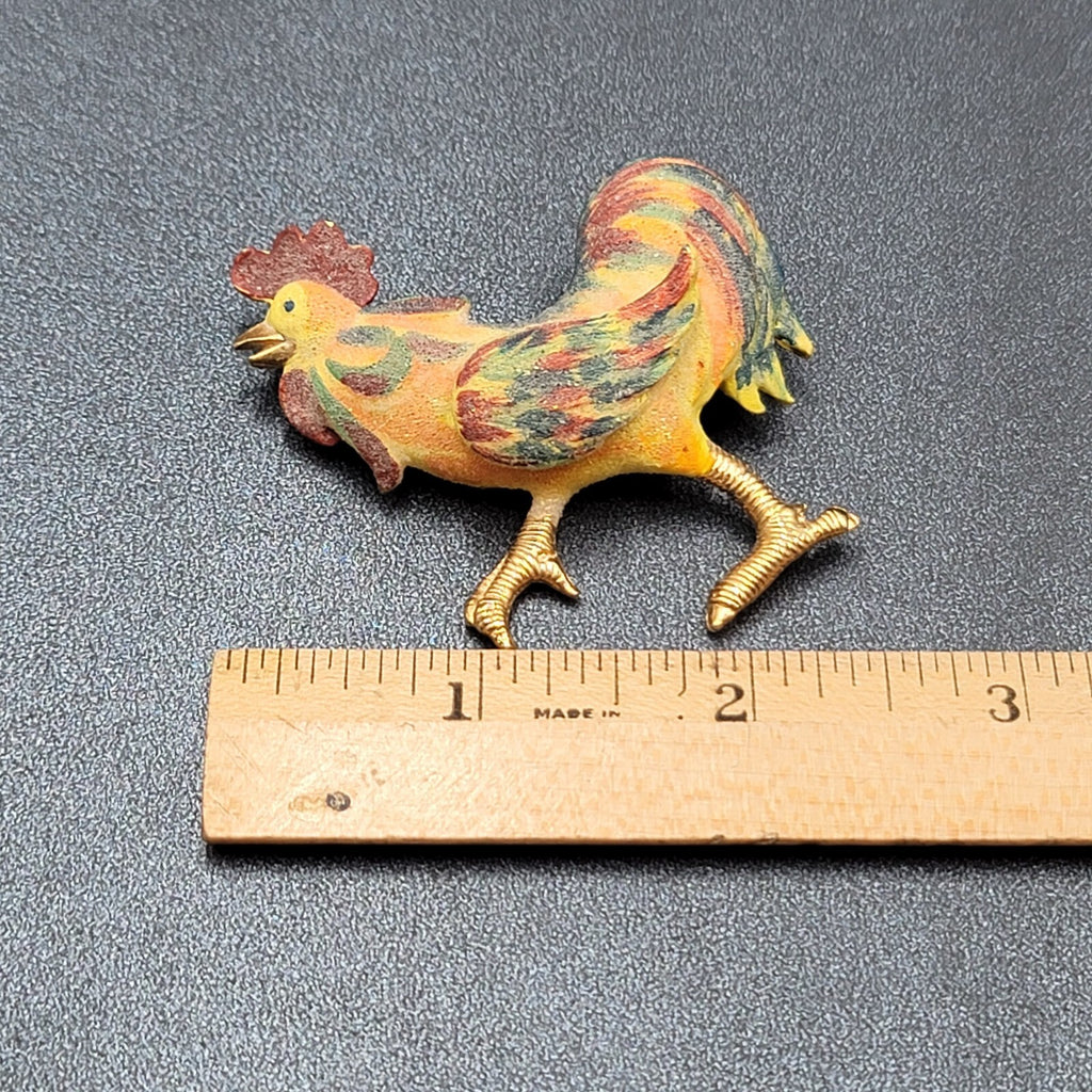 Vintage Rooster Brooch Gold tone Sugared Enamel 2.25"