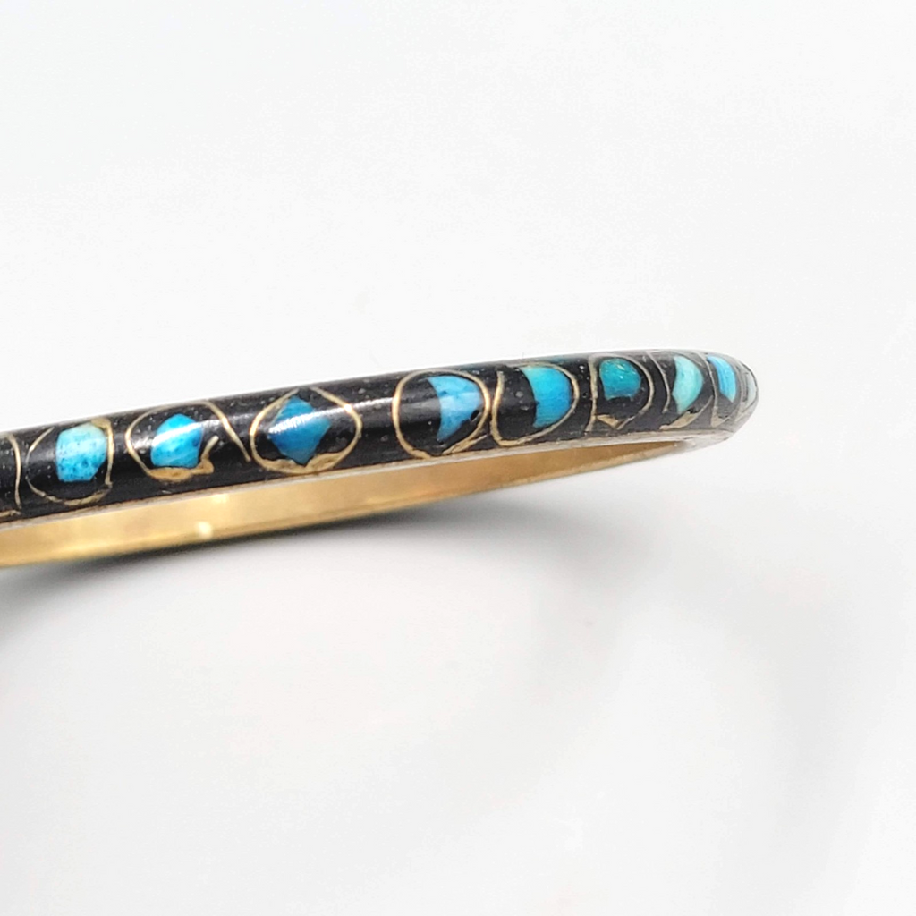 Vintage Black Blue Inlay Brass Bangle Bracelet Ethnic 8.25"
