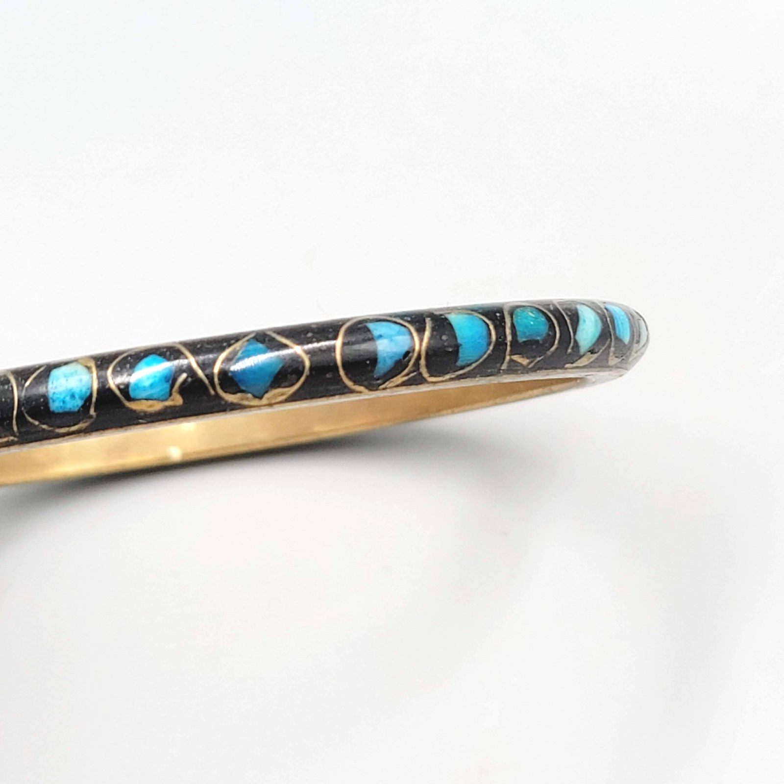 Vintage Black Blue Inlay Brass Bangle Bracelet Ethnic 8.25"