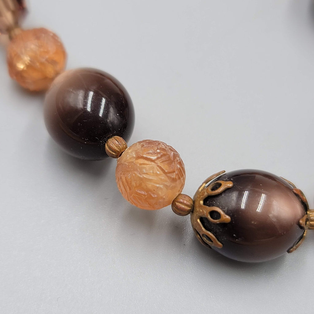 Vintage Lisner Necklace Brown Moon Glow Molded Beads Estate Jewelry 13"-16"