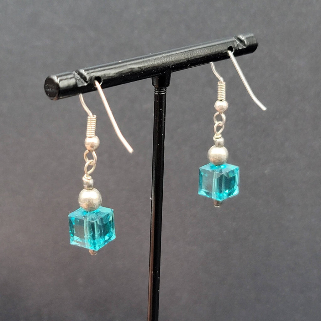 Pierced Earrings Silver tone Square Blue Crystal Bead Dangle 7/8"