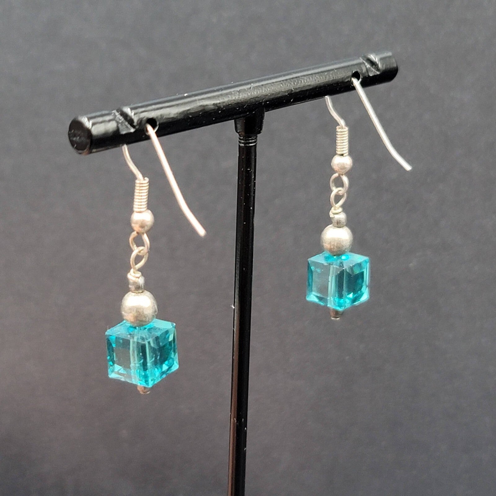 Pierced Earrings Silver tone Square Blue Crystal Bead Dangle 7/8"