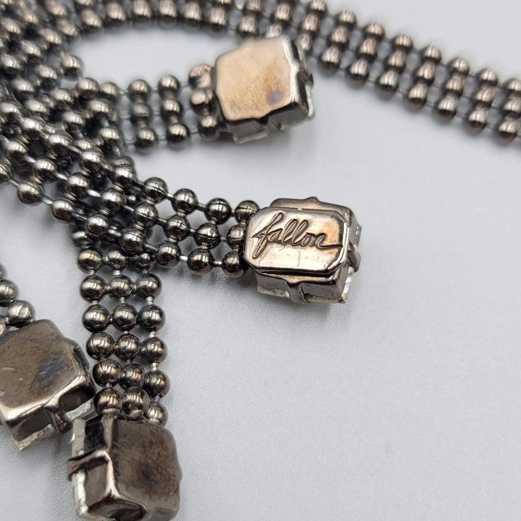FALLON Designer Statement Necklace Black Bead Chain Square Rhinestone 15"