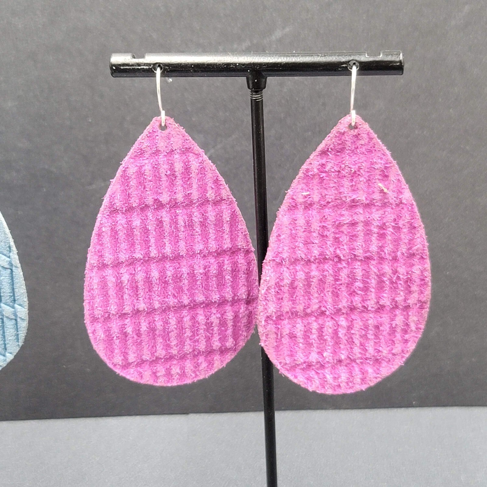 Pierced Earrings Purple Blue Teardrop Fabric Dangle 2.5"