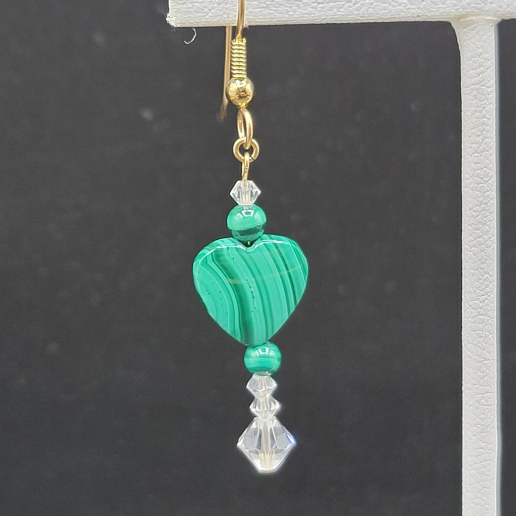 Pierced Earrings Gold tone Malachite Heart Bead Clear Crystals 1 3/8"