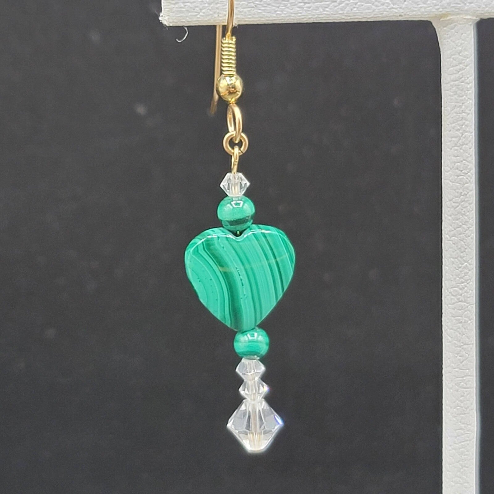 Pierced Earrings Gold tone Malachite Heart Bead Clear Crystals 1 3/8"