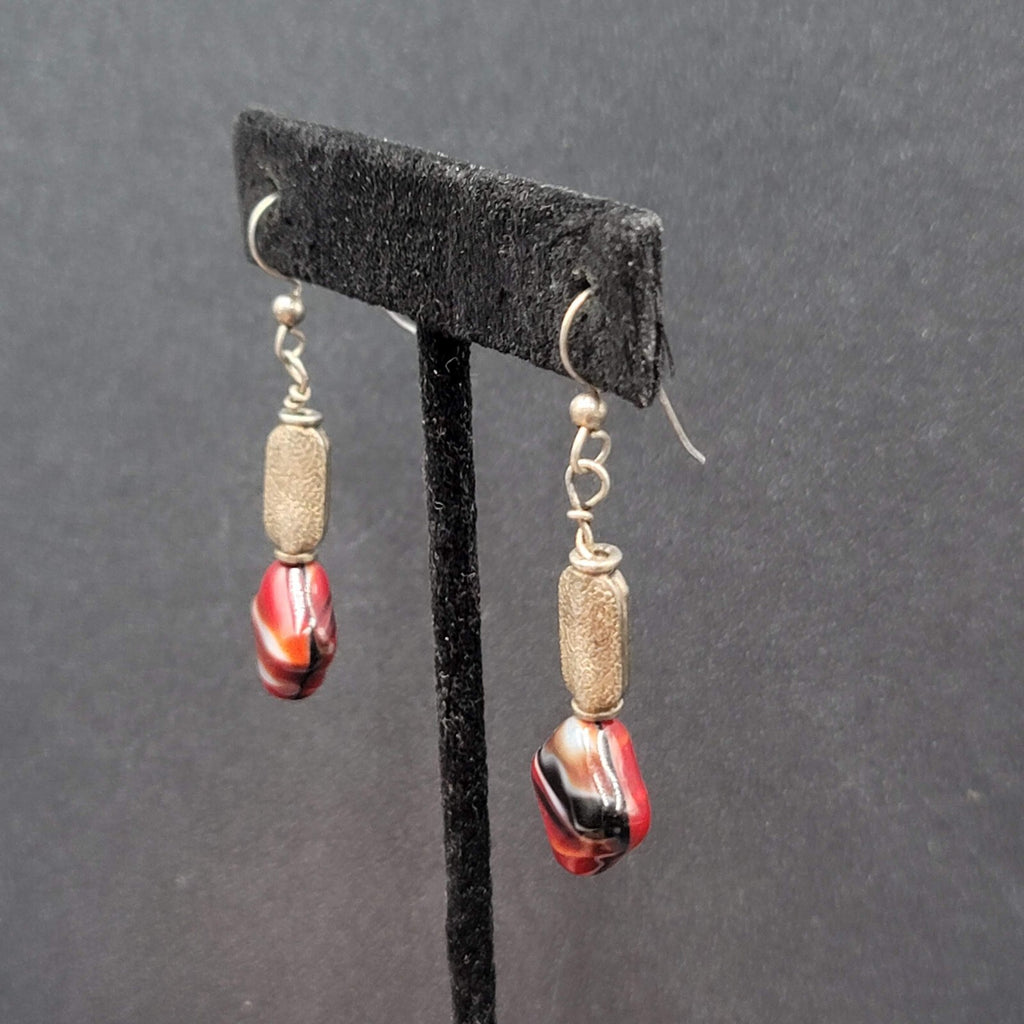 Pierced Earrings Silver tone Red Art Glass Square Bead Dangle 1.25"