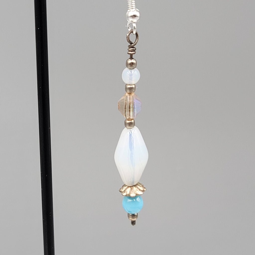 Sterling Silver Pierced Earrings Blue Iridescent Bead Dangle 1.75"