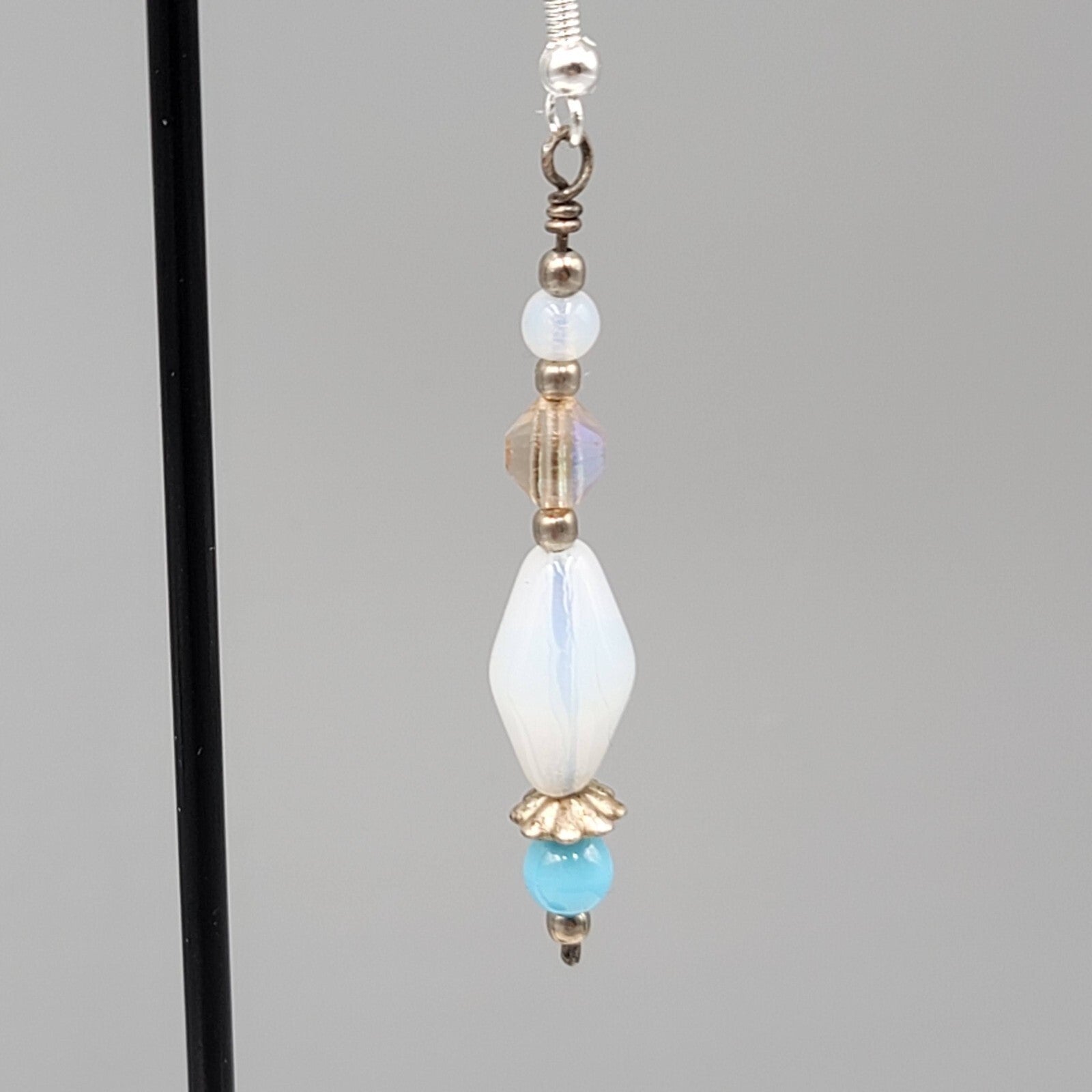 Sterling Silver Pierced Earrings Blue Iridescent Bead Dangle 1.75"