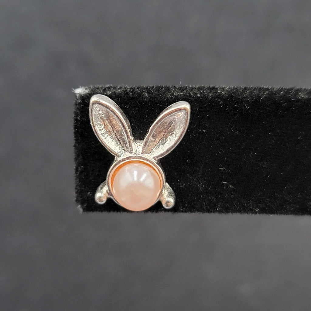 Bunny Rabbit Pierced Earrings Silver tone Faux Pink Pearl Studs 1/2"