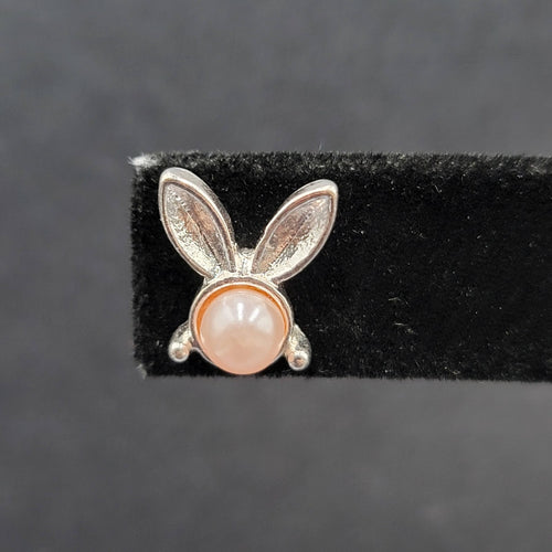 Bunny Rabbit Pierced Earrings Silver tone Faux Pink Pearl Studs 1/2"