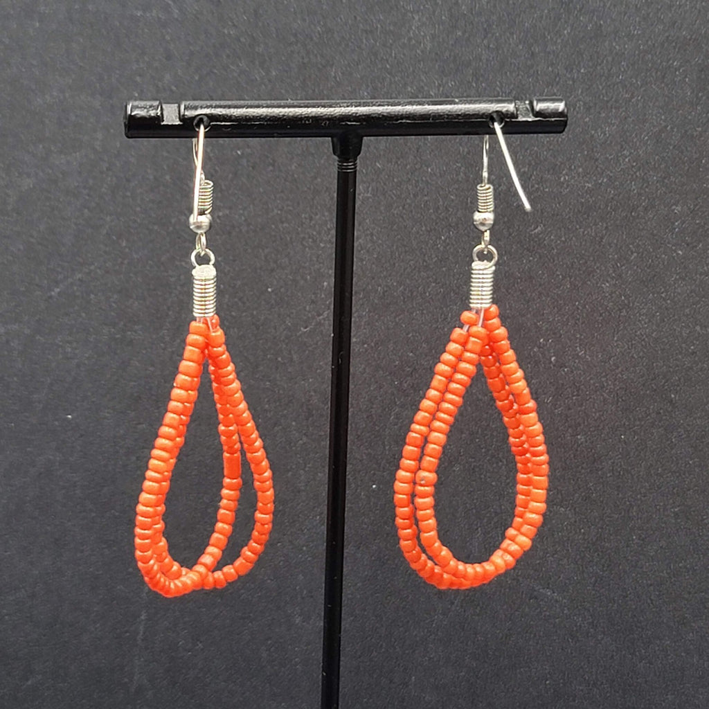 Pierced Earrings Red Seed Bead Double Teardrop Loops Dangle 2"