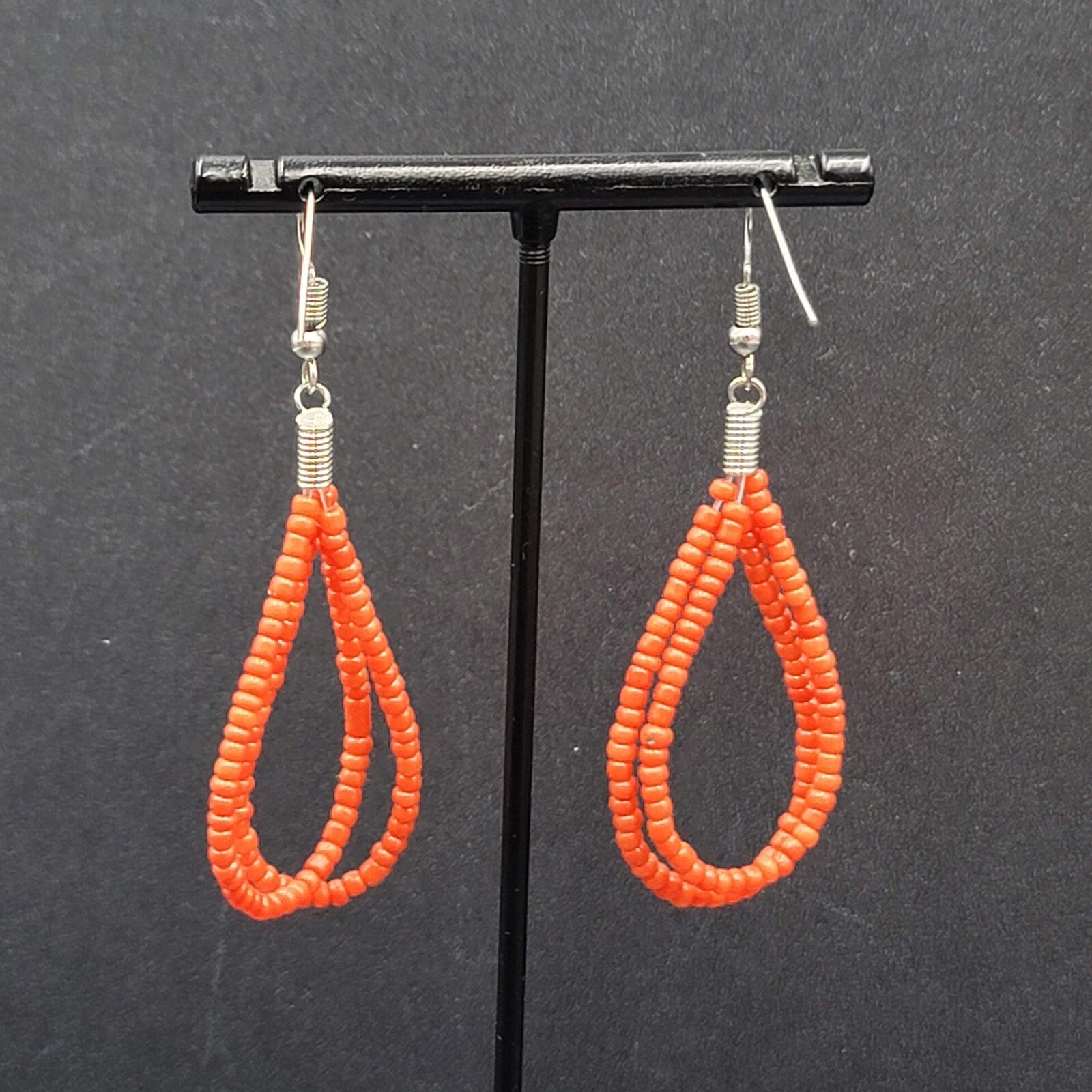 Pierced Earrings Red Seed Bead Double Teardrop Loops Dangle 2"